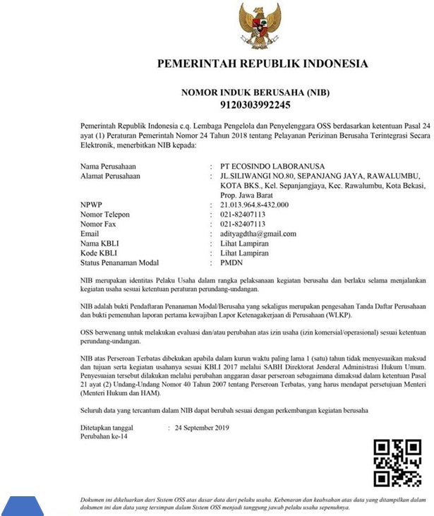 Legality PT. Ecosindo Lanboranusa | Environmental laboratory services